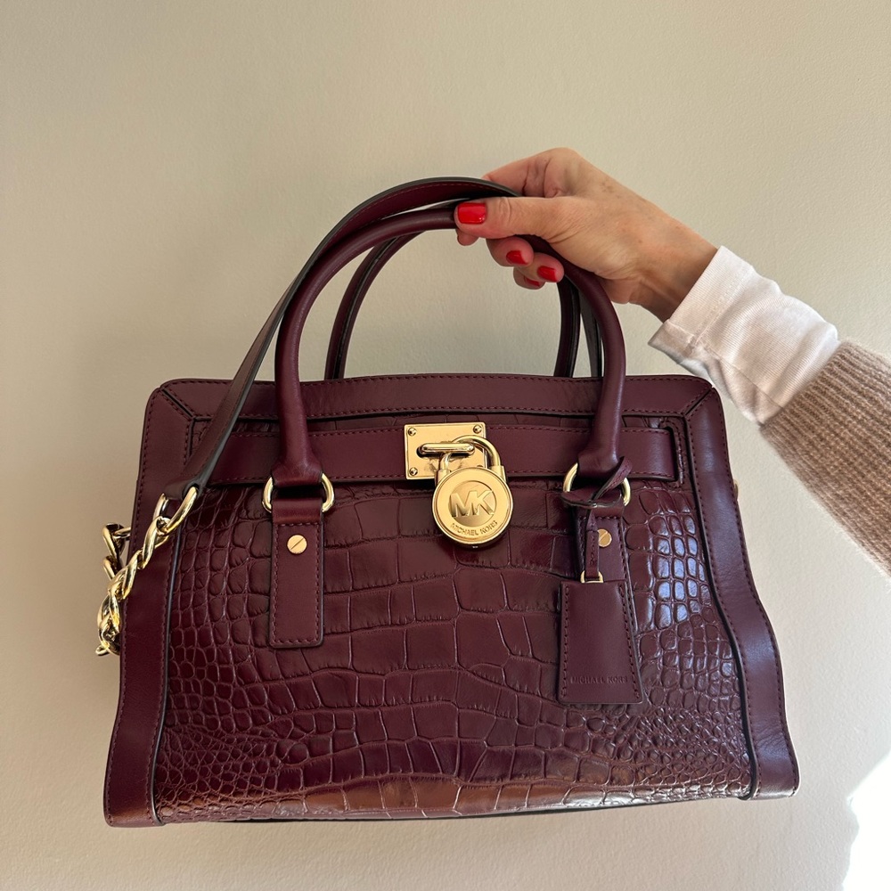 Michael Kors Croc Purse Red Merlot Satchel Gold